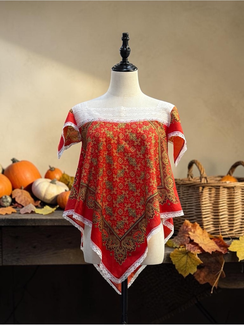 Vintage Bandana Print Peasant Top - Red & Gold Lace Trim - Made in Mexico